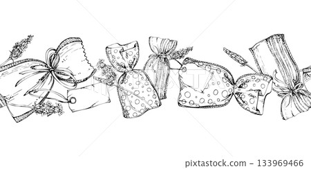 Herbal sachet bag assortment, lavender lavandula flower stalks, ribbon bows and tags. Isolated seamless banner illustration hand drawn in vector ink. Summer decor, digital paper, stickers, packaging Herbal sachet bag assortment, lavender lavandula flower stalks, ribbon bows and tags. Isolated seamless banner illustration hand drawn in vector ink. Summer decor, digital paper, stickers, packaging 133969466