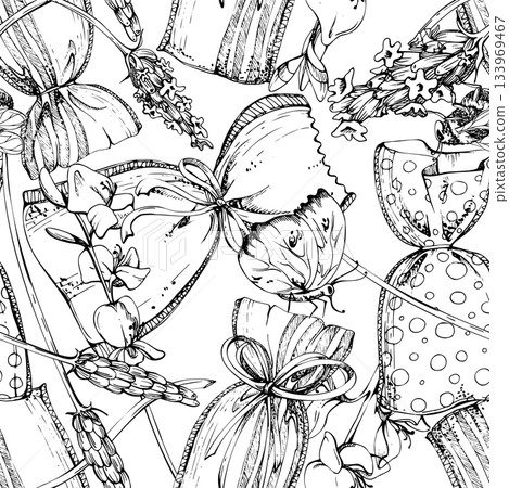 Seamless pattern with Spanish broom, lavender flowers, sachet bags, butterfly bumblebee. Isolated illustration hand drawn in vector ink. Floral packaging, Provence wedding favors, countryside style Seamless pattern with Spanish broom, lavender flowers, sachet bags, butterfly bumblebee. Isolated illustration hand drawn in vector ink. Floral packaging, Provence wedding favors, countryside style 133969467