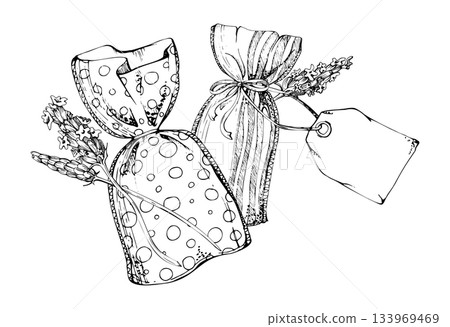 Linen sachet bags of striped and dotted fabric with gift tag, lavender lavandula flower stems. Isolated illustration hand drawn in vector ink. Fragrance pouches, wedding invitations, website templates Linen sachet bags of striped and dotted fabric with gift tag, lavender lavandula flower stems. Isolated illustration hand drawn in vector ink. Fragrance pouches, wedding invitations, website templates 133969469