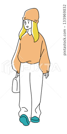 Full-body illustration of a woman in loose clothing wearing a knit cap 133969832