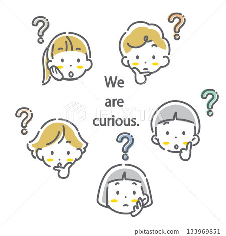 兒童臉部表情圖集 - 可愛時尚的線條畫插圖 133969851