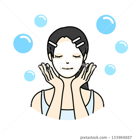 Beauty illustration of a woman with her hair clipped in place moisturizing with a face pack or sheet mask 133969887