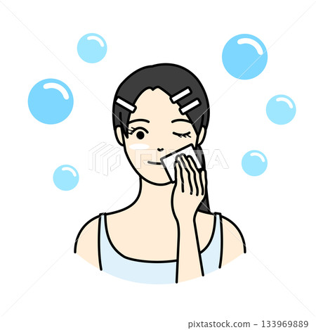 護膚插圖:頭髮用髮夾固定住的女性正在用化妝棉塗抹乳液或精華液。 護膚插圖:頭髮用髮夾固定住的女性正在用化妝棉塗抹乳液或精華液。 133969889