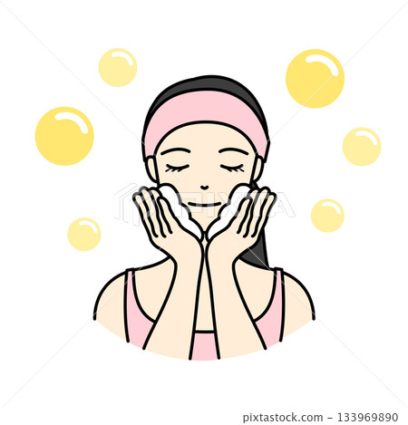 A beauty illustration of a woman wearing a pink towel turban washing her face with foam cleanser 133969890