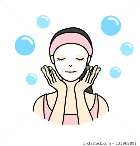 一幅美麗的插畫，描繪了一位女士頭戴粉紅色毛巾頭巾，正在用面膜或面片滋潤臉部。 133969891