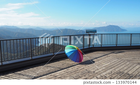 Rainbow umbrellas standing on Wakasa Terrace 133970144