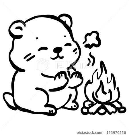 Cute groundhog warming paws by campfire simple line art adorable woodland animal illustration cozy winter scene minimalist black and white doodle style 133970256