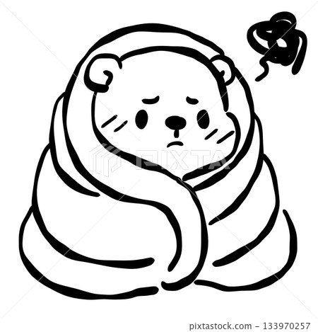 Cute groundhog wrapped in blanket feeling cold simple line art adorable woodland animal illustration cozy winter scene minimalist black and white doodle style 133970257