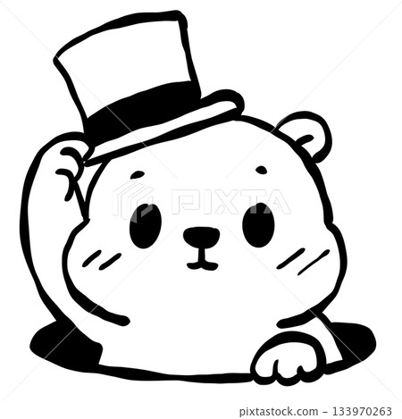 Cute groundhog tipping top hat simple line art adorable woodland animal illustration emerging from burrow minimalist black and white doodle style charming design 133970263