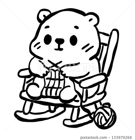Cute groundhog knitting in rocking chair simple line art adorable woodland animal illustration cozy crafting scene minimalist black and white doodle style 133970268