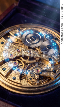 Close up of antique brass pocket watch gears illuminated by glowing blue magic runes. A mystical scene evoking time travel and fantasy suitable for steampunk concepts. Close up of antique brass pocket watch gears illuminated by glowing blue magic runes. A mystical scene evoking time travel and fantasy suitable for steampunk concepts. 133971042