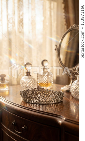 Beautiful silver tiara with gemstones on a wooden table. Vintage vanity scene with warm sunlight and perfume bottles. Perfect for wedding, royalty or luxury concepts. Beautiful silver tiara with gemstones on a wooden table. Vintage vanity scene with warm sunlight and perfume bottles. Perfect for wedding, royalty or luxury concepts. 133971166