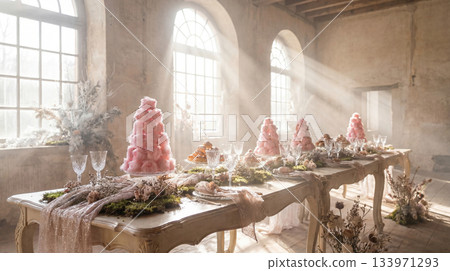 Long banquet table with pink desserts and moss decor in a rustic hall with sunbeams. A romantic, magical atmosphere perfect for wedding inspiration, luxury events, or catering concepts. Long banquet table with pink desserts and moss decor in a rustic hall with sunbeams. A romantic, magical atmosphere perfect for wedding inspiration, luxury events, or catering concepts. 133971293