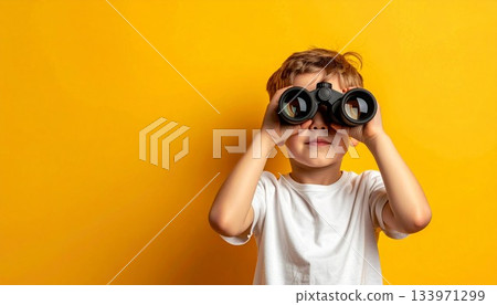 外國男孩用望遠鏡觀察 外國男孩用望遠鏡觀察 133971299