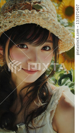 woman in sunflower field woman in sunflower field 133971407