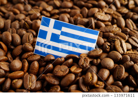 Greece flag on coffee beans, shopping online for export or import food product. Greece flag on coffee beans, shopping online for export or import food product. 133971611
