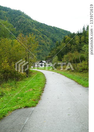 Typical Austrian countryside, road leading to the village. Typical Austrian countryside, road leading to the village. 133971619