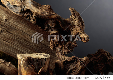 Composition with natural wooden snags and dry stump for advertising eco products. Composition with natural wooden snags and dry stump for advertising eco products. 133971636
