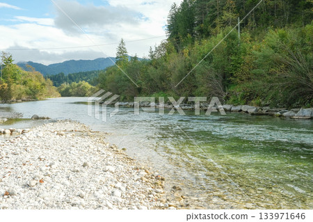 Stunning Mountain River Landscape and Forest View 133971646