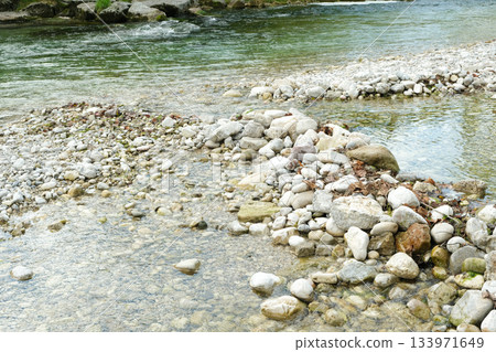 Clear Shallow River Water Flowing Over Rocks and Stones 133971649