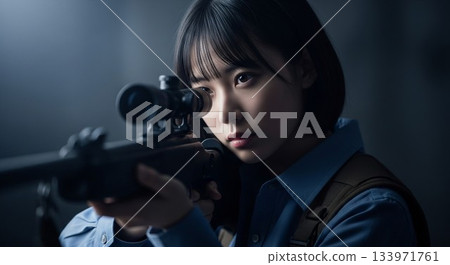 一名年輕的刺客用步槍瞄準目標,一位目光冰冷的日本女高中生注視著他。 一名年輕的刺客用步槍瞄準目標,一位目光冰冷的日本女高中生注視著他。 133971761