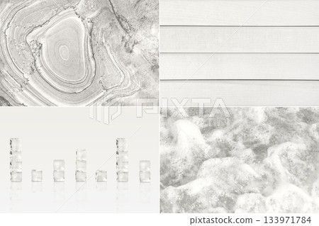 Collage showing different textures of stone coverings, wooden panels, sea waves, ice cubes in a fashionable color. Demonstrating the colors of 2026 - Cloud Dancer. Collage showing different textures of stone coverings, wooden panels, sea waves, ice cubes in a fashionable color. Demonstrating the colors of 2026 - Cloud Dancer. 133971784