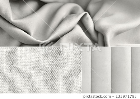 Collage showing different textures of fabric and knitwear in a fashionable color. Demonstrating the colors of 2026 - Cloud Dancer. 133971785