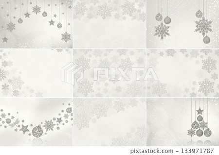 Demonstrating the colors of 2026 - Cloud Dancer. Christmas cards with snowflakes balls and other decorations for the Christmas tree in the shape of a collage. 133971787