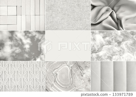 Collage showing different textures of fabric, knitwear, stone coverings, wooden panels, sea waves in a fashionable color. Demonstrating the colors of 2026 - Cloud Dancer. Collage showing different textures of fabric, knitwear, stone coverings, wooden panels, sea waves in a fashionable color. Demonstrating the colors of 2026 - Cloud Dancer. 133971789