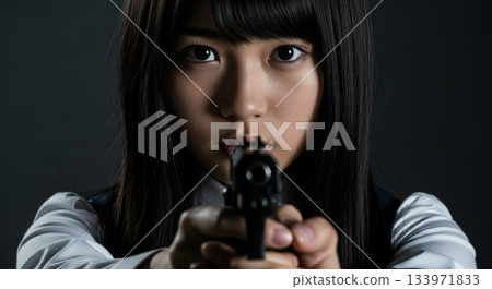 一名手持手槍的日本女高中生眼神中隱藏著堅定。 133971833