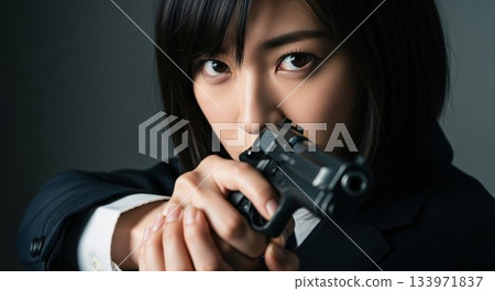 一名手持手槍的日本女高中生眼神中隱藏著堅定。 一名手持手槍的日本女高中生眼神中隱藏著堅定。 133971837