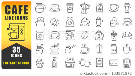 Modern Cafe Line Icon Set With Editable Stroke, Featuring Coffee Cups, Beans, Machines, Mugs And Accessories For Menus, Apps, Websites And Branding Projects. Isolated Vector Icons. 133971872