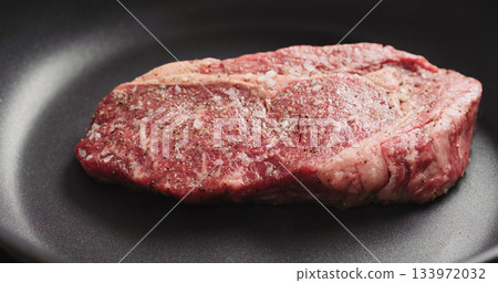 Closeup shot of ribeye steak frying on non stick pan 133972032
