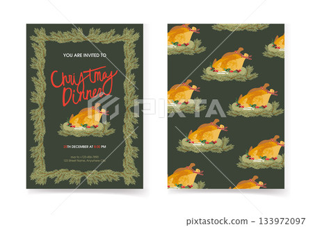 Christmas dinner invitation template with a picture of a baked chicken and a frame of fir branches on a green background Christmas dinner invitation template with a picture of a baked chicken and a frame of fir branches on a green background 133972097
