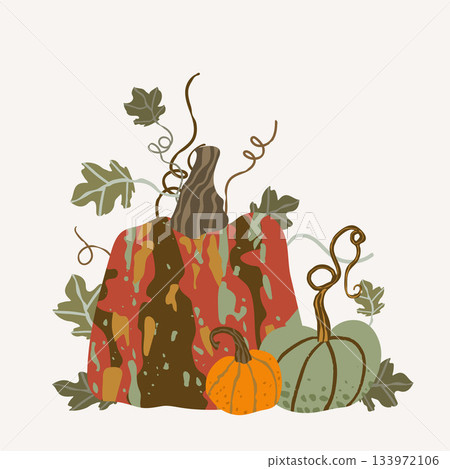 A composition of cute green, orange, brown and dark red pumpkins and leaves A composition of cute green, orange, brown and dark red pumpkins and leaves 133972106