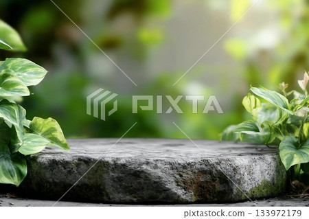 Natural stone and concrete podium in Natural green background for Empty show for packaging product presentation. Background for cosmetic products, the scene with green leaves. Mock up the pedestal. 133972179