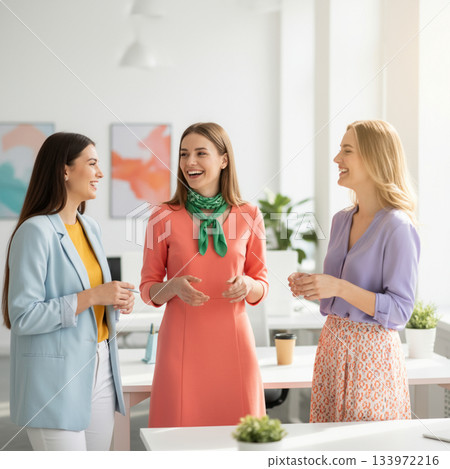 商業場景：一位年輕的外國女白領在色彩鮮豔的現代辦公室裡聊天。 133972216