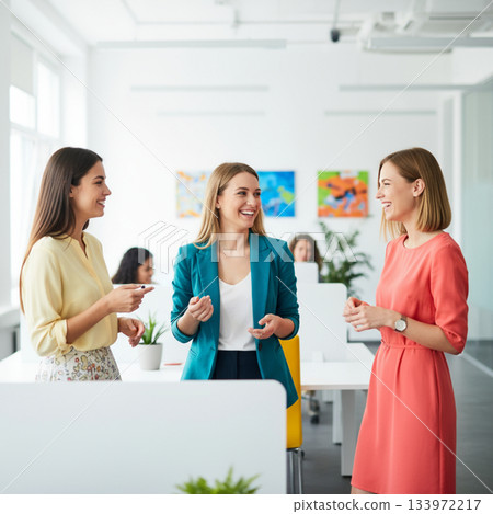 商業場景：一位年輕的外國女白領在色彩鮮豔的現代辦公室裡聊天。 133972217