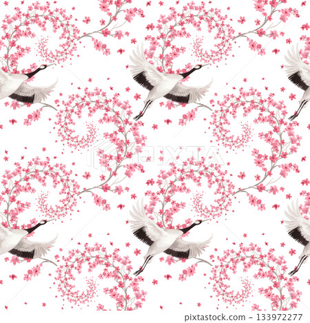 Seamless pattern of sakura spirales and japanese cranes. Watercolor handmade illustration. For fabric, wallpaper, greeting cards, design, decoration and illustration. 133972277
