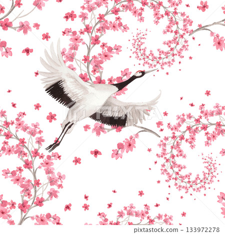 Seamless pattern of sakura spirales and japanese cranes. Watercolor handmade illustration. For fabric, wallpaper, greeting cards, design, decoration and illustration. 133972278