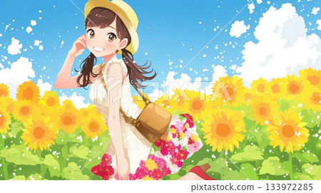 一個女人在向日葵田裡行走 一個女人在向日葵田裡行走 133972285