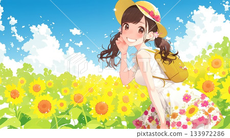 A woman walking in a sunflower field A woman walking in a sunflower field 133972286