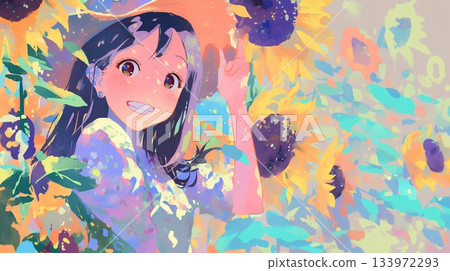 向日葵田裡的女人 133972293