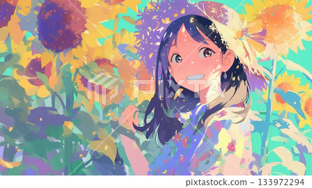 向日葵田裡的女人 133972294