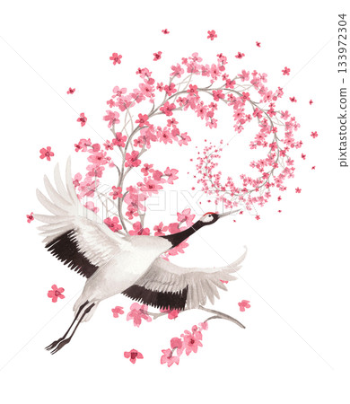 Japanese crane with a spiral sakura branch on a background. Watercolor handmade illustration. For fabric, wallpaper, greeting cards, design, decoration and illustration. Japanese crane with a spiral sakura branch on a background. Watercolor handmade illustration. For fabric, wallpaper, greeting cards, design, decoration and illustration. 133972304