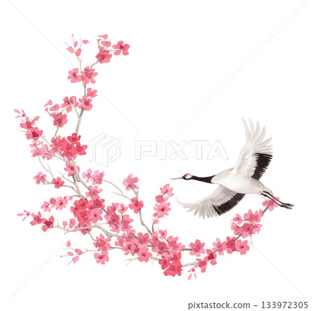 Wreath of sakura branches and japanese crane. Watercolor handmade illustration. For fabric, wallpaper, greeting cards, design, decoration and illustration. Wreath of sakura branches and japanese crane. Watercolor handmade illustration. For fabric, wallpaper, greeting cards, design, decoration and illustration. 133972305