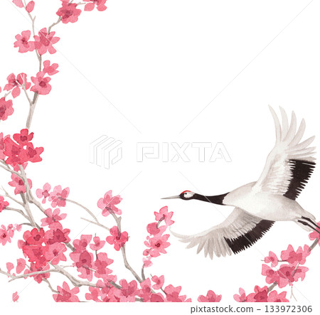 Frame of sakura branches and japanese crane. Watercolor handmade illustration. For fabric, wallpaper, greeting cards, design, decoration and illustration. 133972306