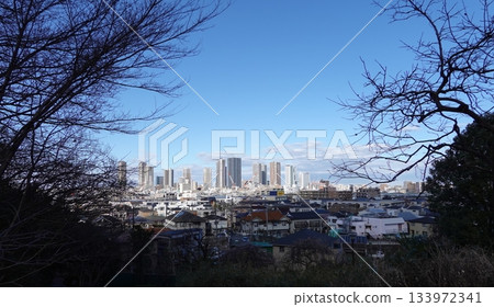 A cluster of tower apartment buildings visible on a clear day 133972341