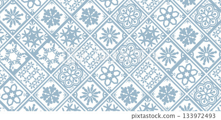 冰藍色雪花瓷磚圖案背景 冬季無縫設計 133972493