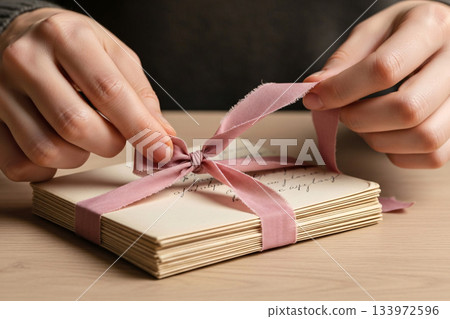 Hands Untying Ribbon Stack Vintage Love Letters 133972596
